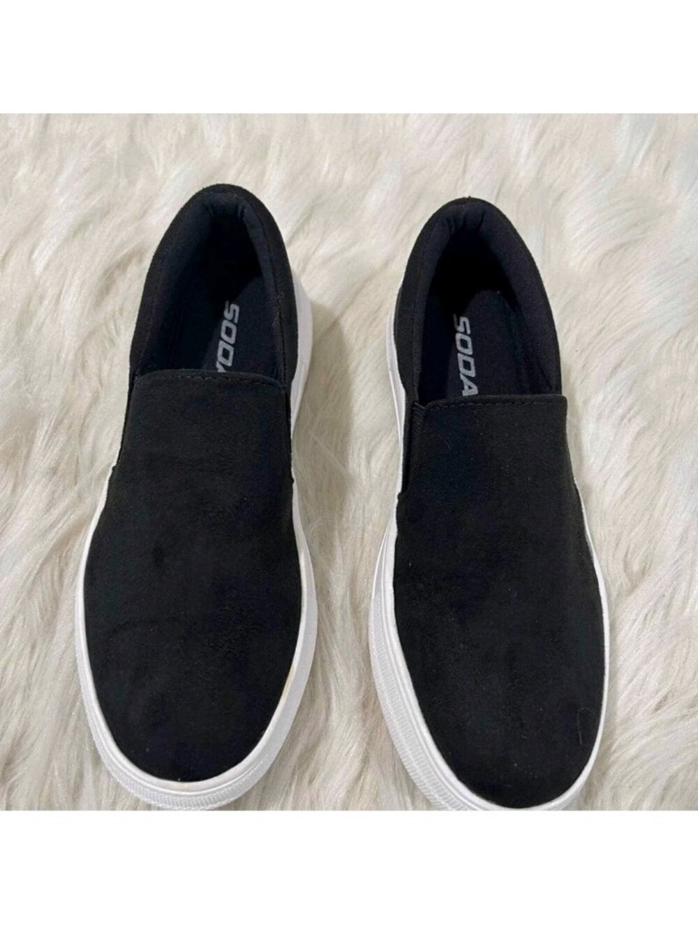Soda Women’s Black/White Faux Suede Platform Slip-On Sneakers